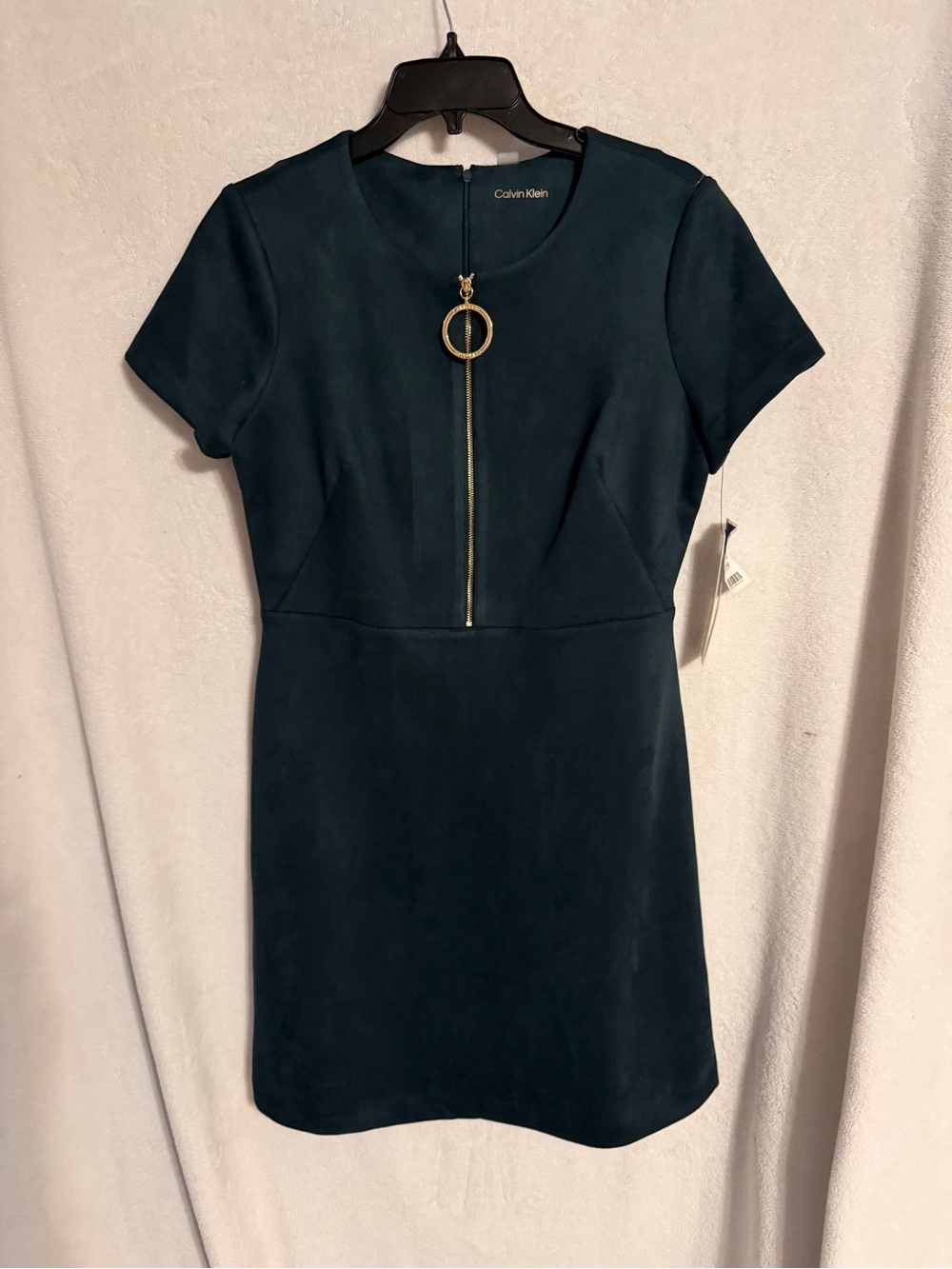 NWT Calvin Klein Teal Short-Sleeve Sheath Dress with Gold Ring Zip